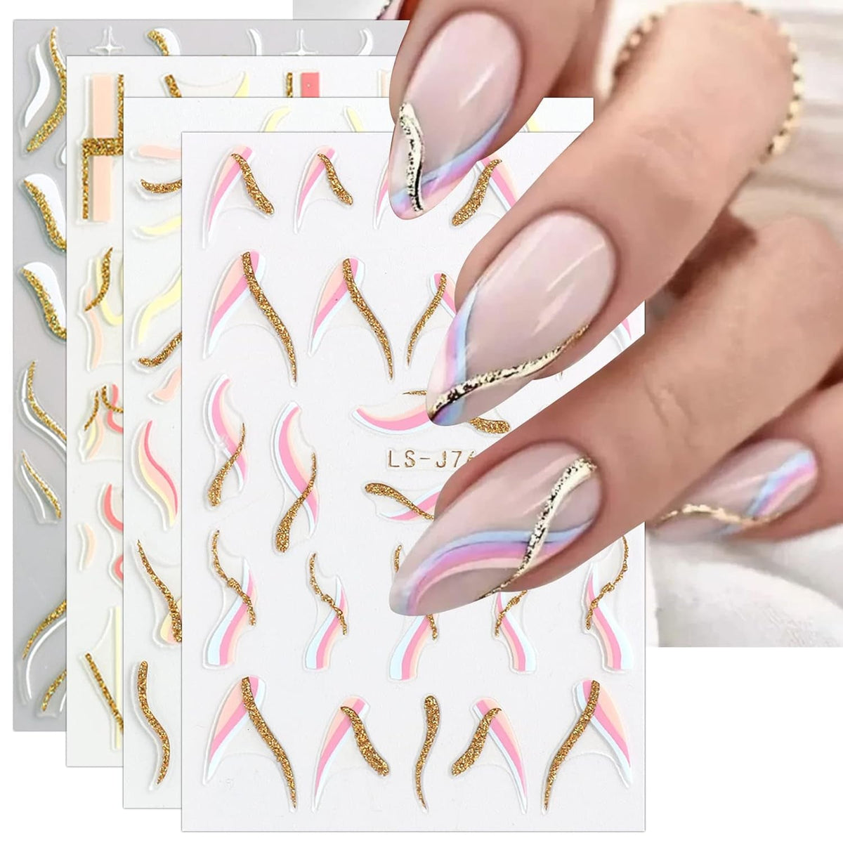 JMEOWIO Nagelsticker Französische Tipp 9 Blatt Nail Art Sticker Selbstklebend Nagelaufkleber Glitzer Wellenlinie Dekoration Nageldesign Zubehör