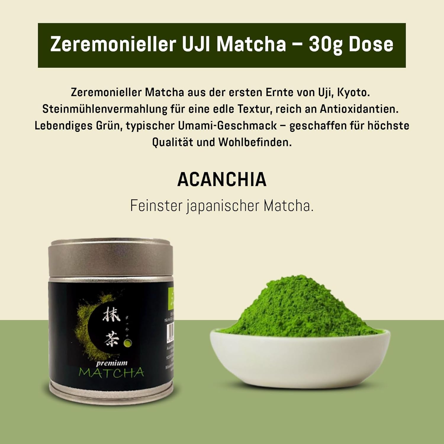 UJI de qualité cérémonielle - Boîte 30g - Bio - Matcha 100% japonais - Première récolte - Matcha pur - Moulu