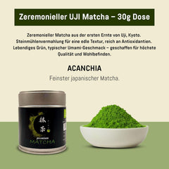 UJI de qualité cérémonielle - Boîte 30g - Bio - Matcha 100% japonais - Première récolte - Matcha pur - Moulu