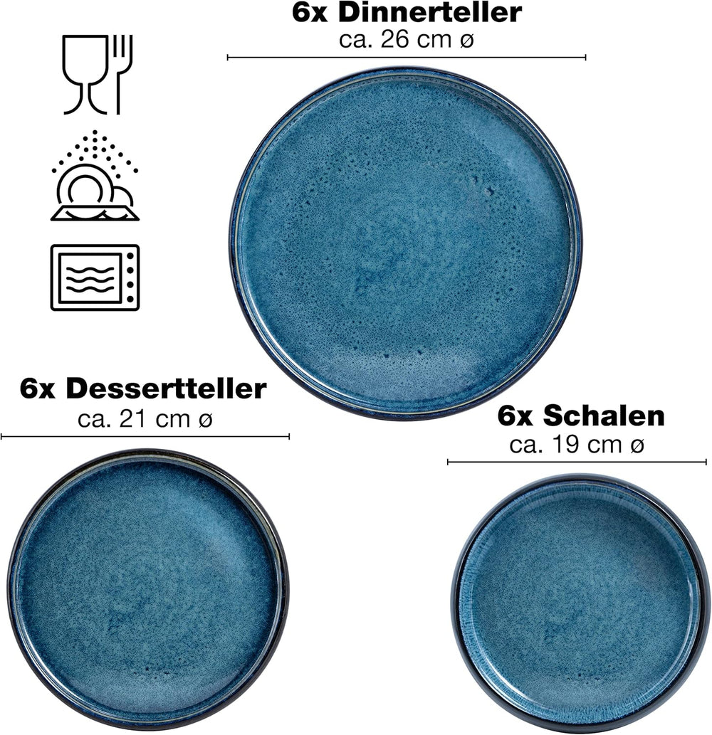 Moritz & Moritz SOLID Service de table en grès 18 pièces pour 6 personnes - Service de table pour 6 personnes, composé de 6 assiettes plates, 6 assiettes plates et 6 assiettes plates