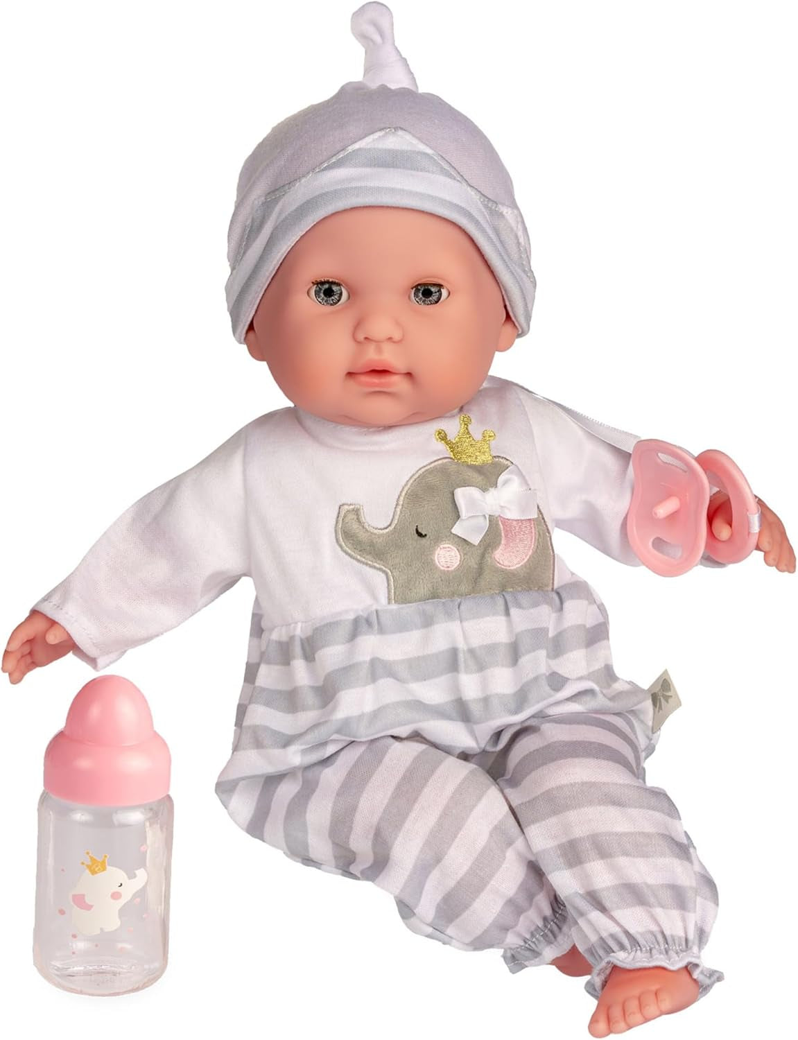 JC Toys- Muñeca Berenguer Boutique de Cuerpo blando de 38 cm, sus ojos se abren y cierran, incluye ropa y accesorios, gris, diseñado por Berenguer, +2 años