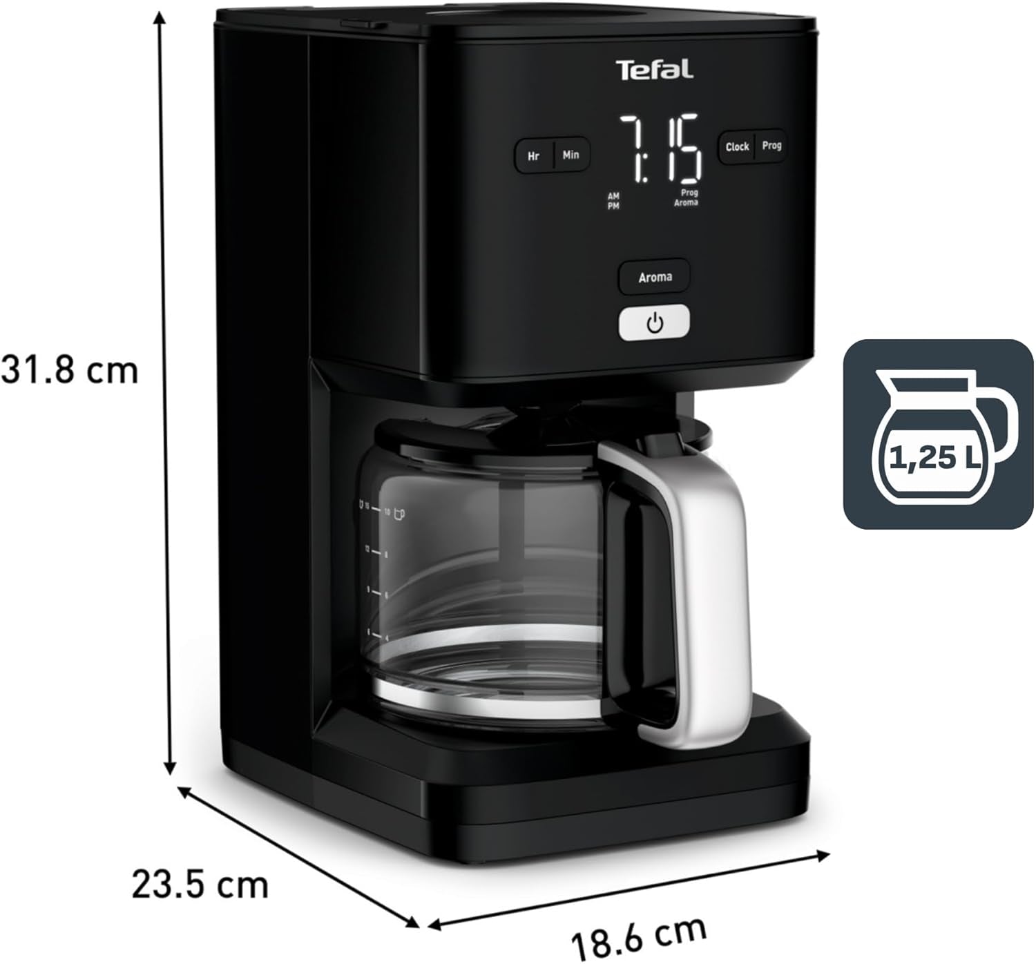 Tefal Smart'n Light Machine à Expresso avec Minuterie, Machine à Expresso avec Filtre Programmable 1,25 L, Fonction Aroma pour un Arôme Intense, Fonction Maintien au Chaud, Anti-Goutte et Facile à Nettoyer, Noir