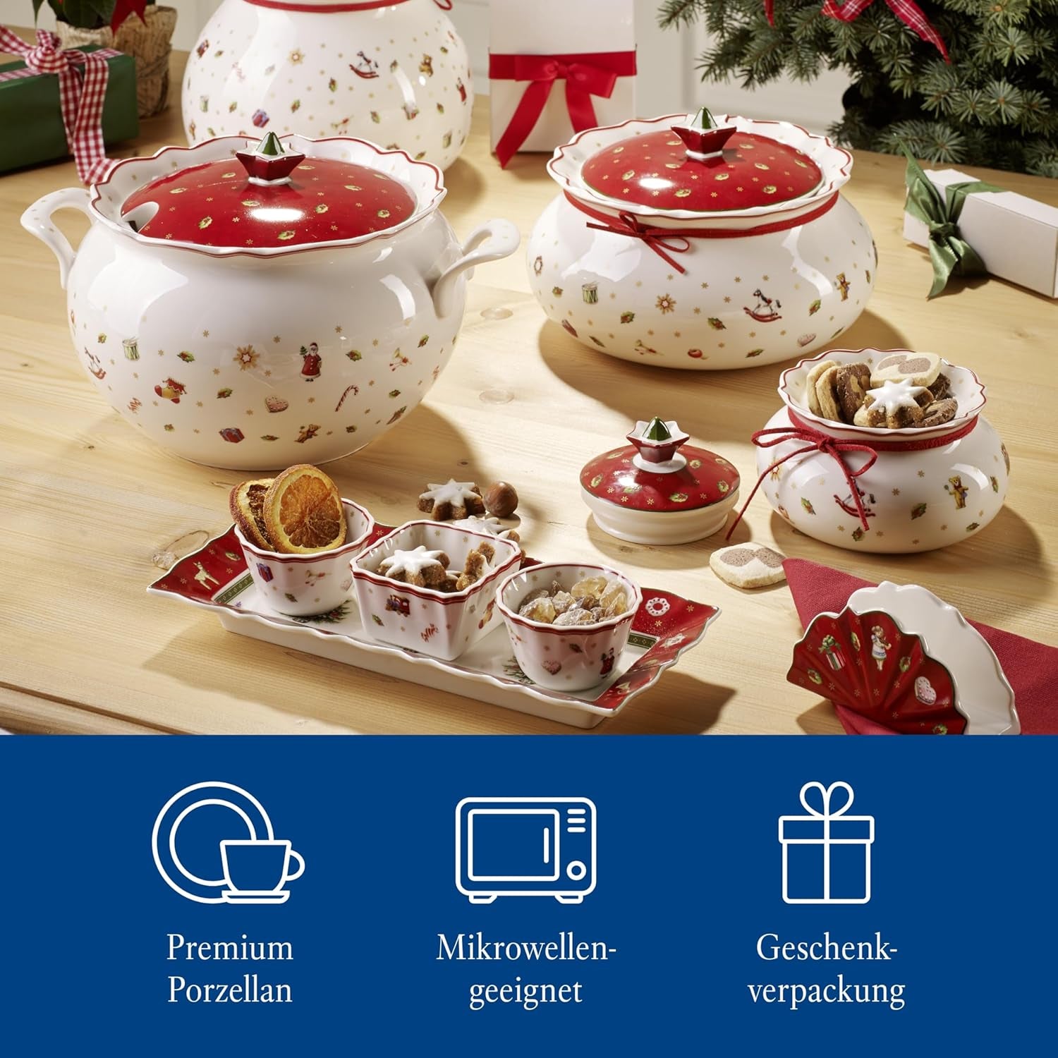 Villeroy & Boch - Service à sauce Toy's Delight, 4 pièces, plateau de service avec bols, ensemble de bols à sauce de Noël, décoration de table jouet, plateau de service, bols, vaisselle de Noël, porcelaine premium