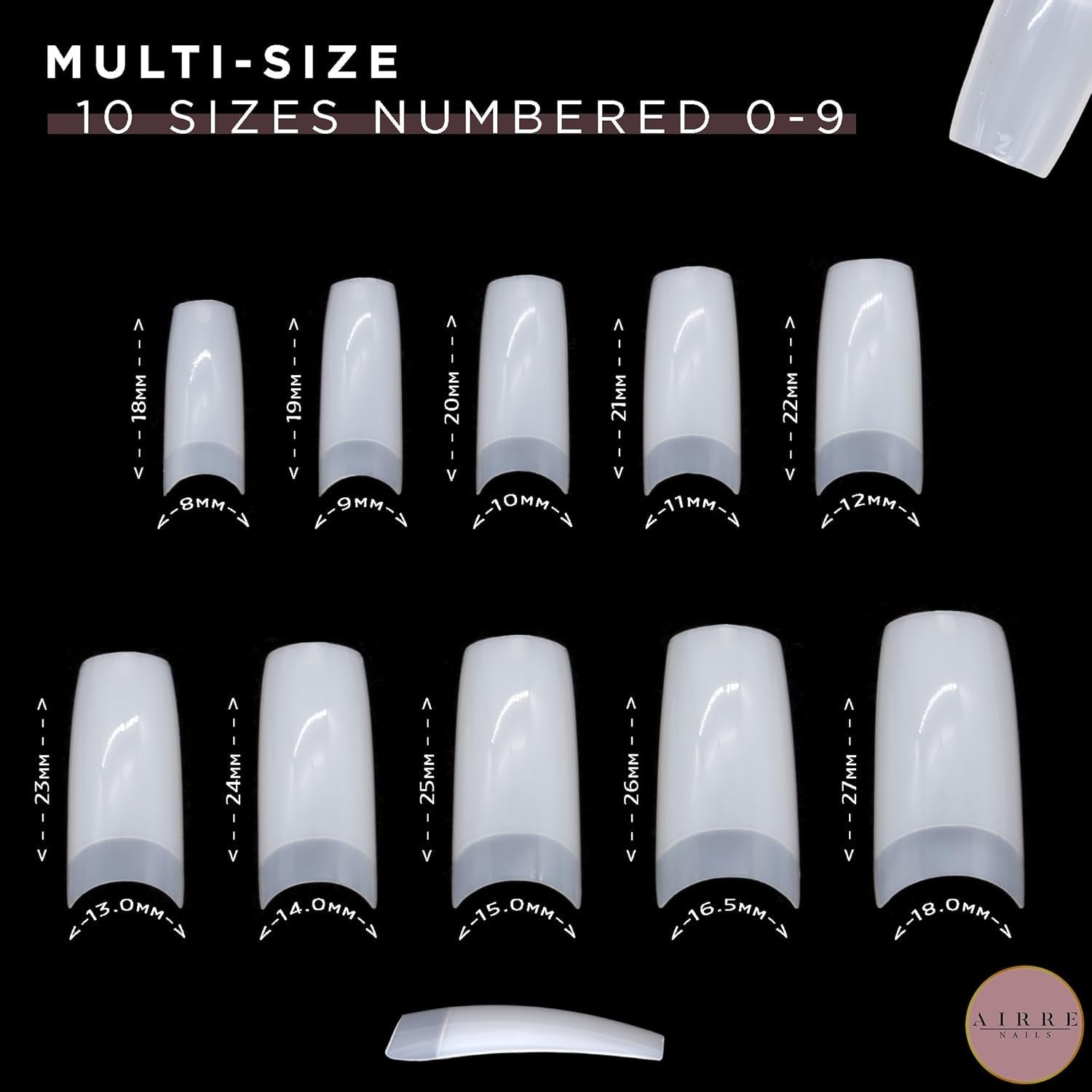 AIRRE 500 ongles en gel professionnels et 3 limes par boîte – (10 tailles) Faux ongles français demi-lune, usage salon et maison, coupe, limage et mise en forme, gel UV/LED, vernis à ongles et nail art (naturel)