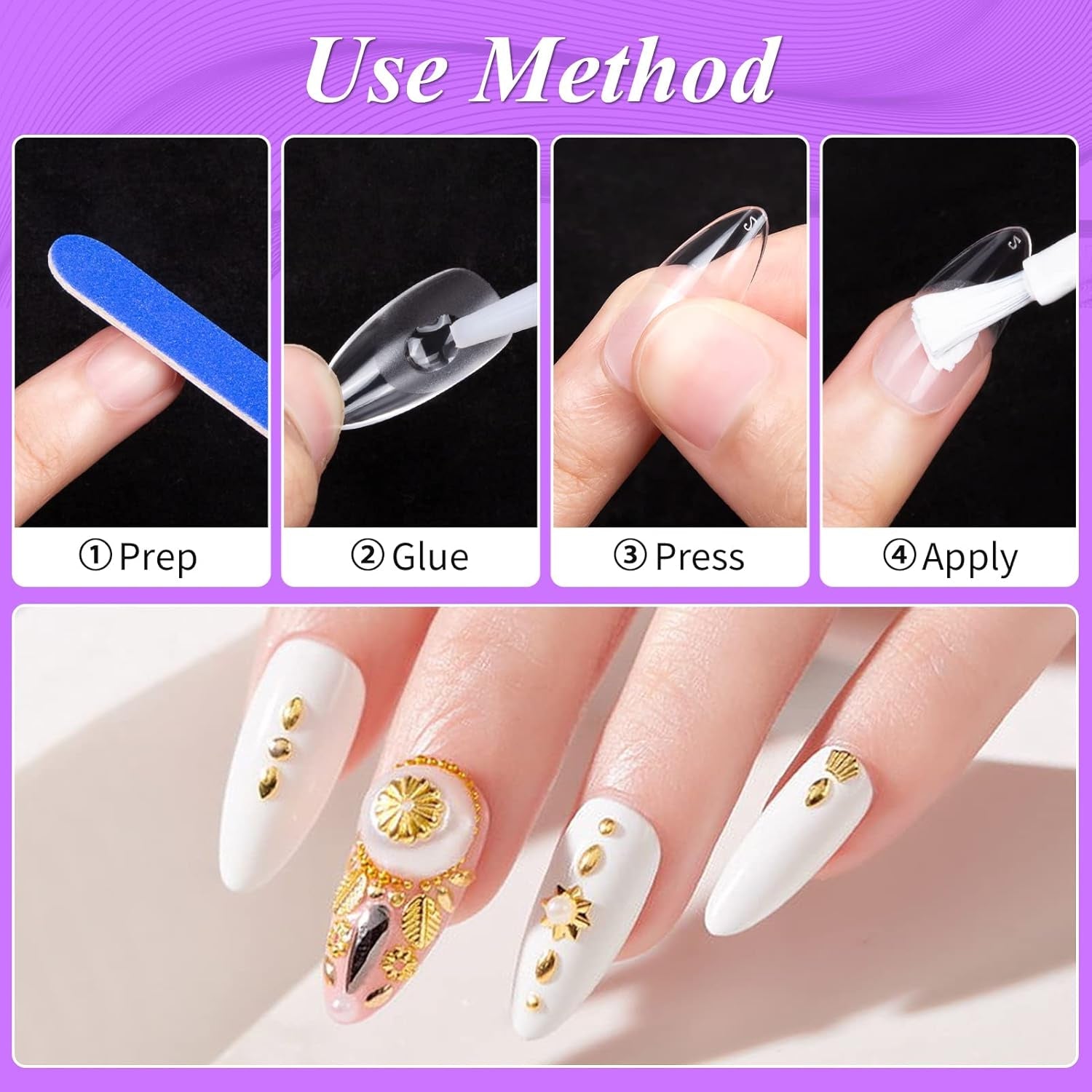 Becellen 500pcs Conseils d'ongles artificiels, Conseils d'ongles en gel souple, Couverture complète, Conseils d'ongles en gel, Ongles artificiels pré-polis, Ensemble de colle DIY Nail Art (Amandes)