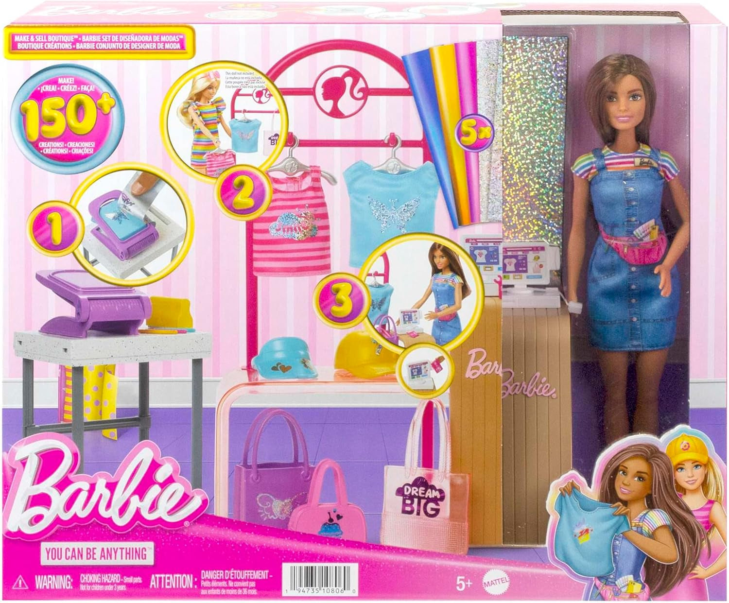 Barbie Fashion Boutique Playset – Poupée à motif aluminium, plus de 150 looks originaux, comprend 2 chemisiers et 5 feuilles aluminium, un portant et un lecteur de cartes de crédit, à partir de 3 ans, HKT78