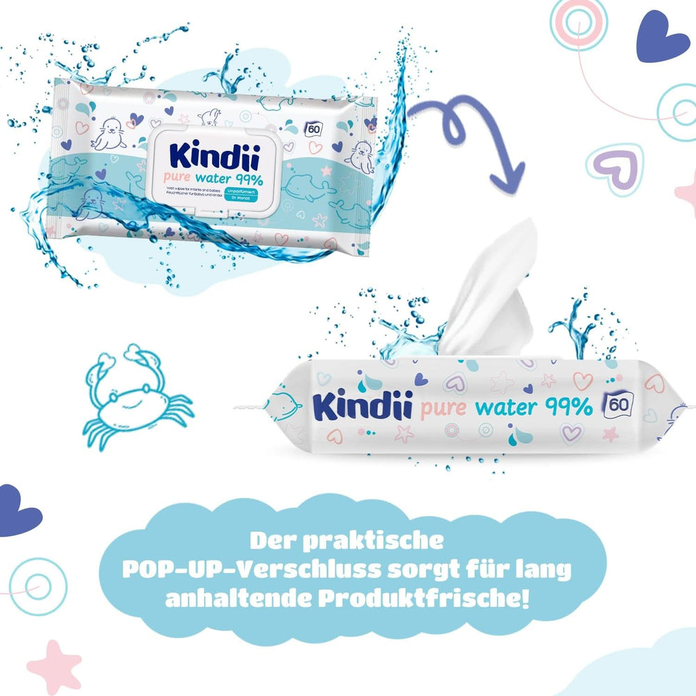 Kindii Lingettes humides pour bébés et enfants - Allantoïne - Sans parfum - Testé dermatologiquement - Pour peaux sensibles Lingettes humides pour bébé Naty Shop