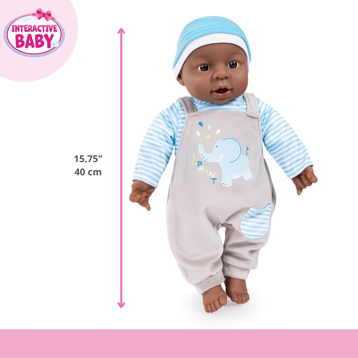 Bayer Design 94001AH Poupée interactive, garçon, parlant, corps souple, 40 cm, cuir foncé, bleu