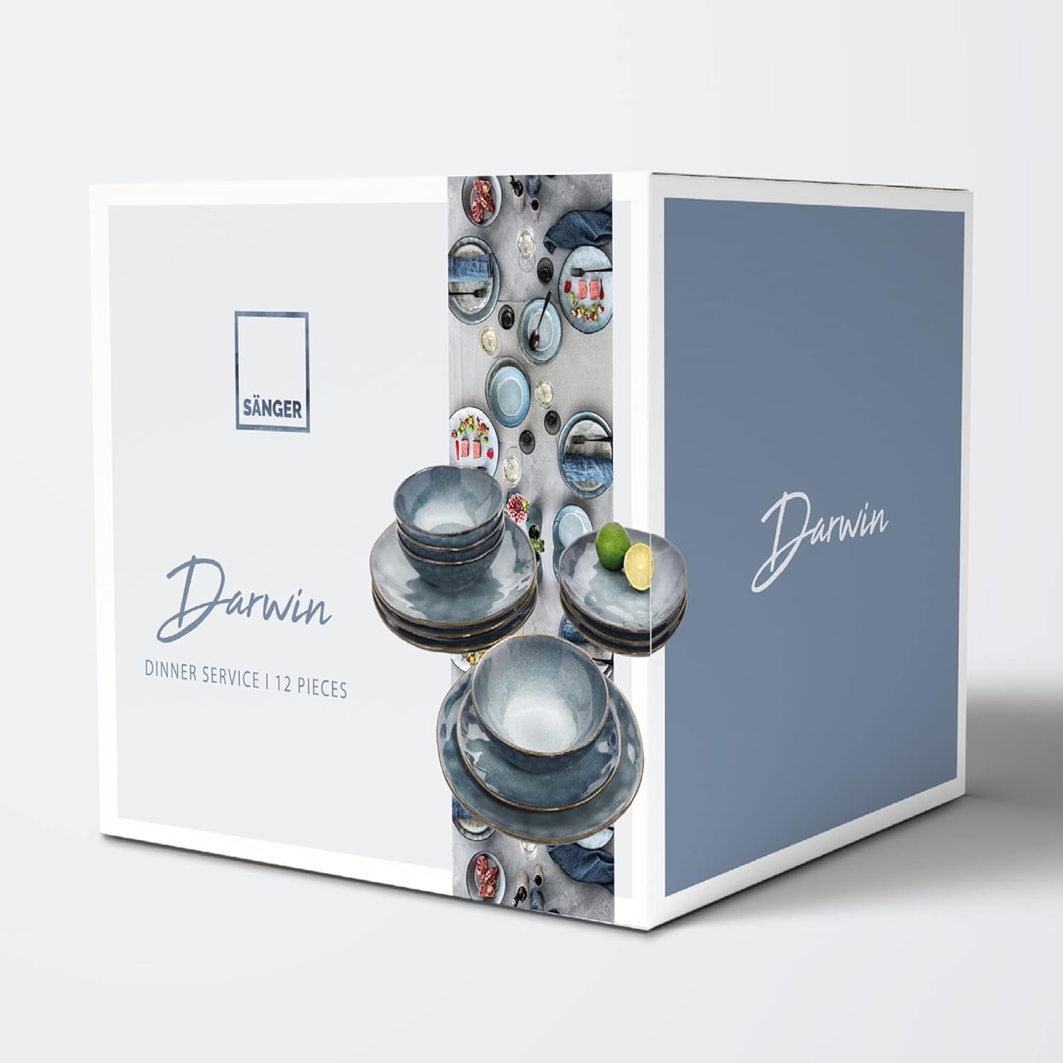 SANGER | Service de table Darwin 12 pièces, service de table en grès pour 4 personnes, service de table bleu comprenant des assiettes plates, des assiettes à dessert et des assiettes creuses, un service de table fait main | LA COLLECTION PREMIUM