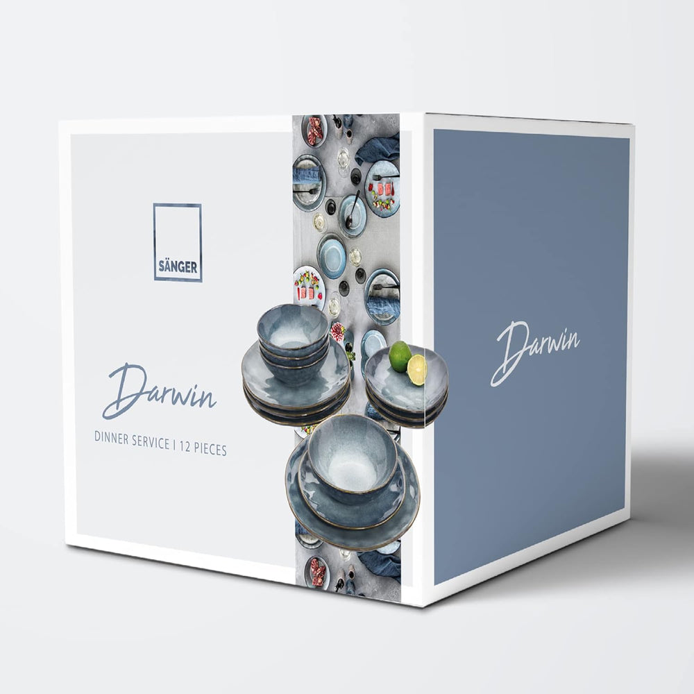 SANGER | Service de table Darwin 12 pièces, service de table en grès pour 4 personnes, service de table bleu comprenant des assiettes plates, des assiettes à dessert et des assiettes creuses, un service de table fait main | LA COLLECTION PREMIUM