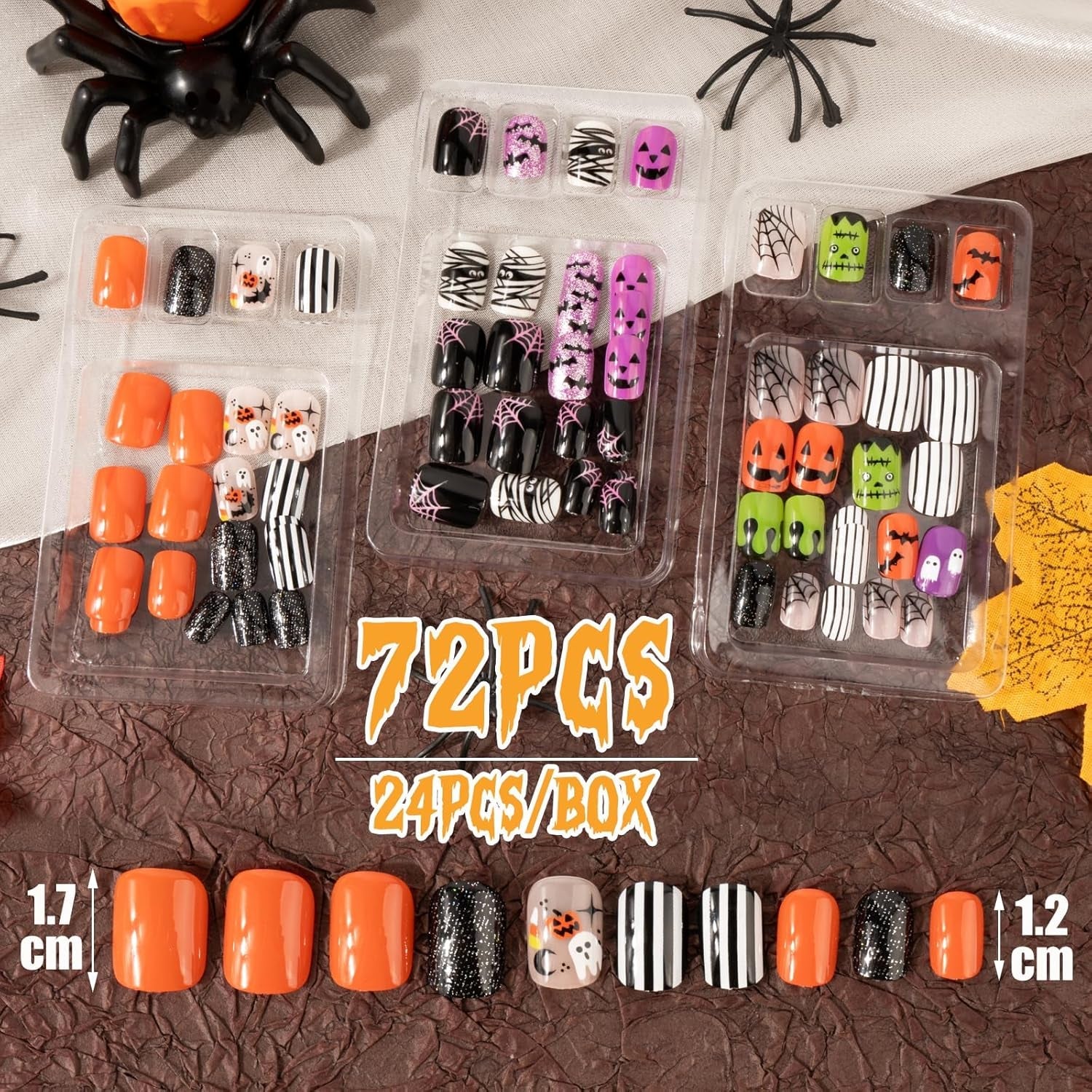 72 pcs Ongles d'Halloween Faux Ongles Autocollants Ongles Artificiels Courts Ongles Pressés Autocollants Citrouille Fantôme Ongles Artificiels Conseils Nail Art Orange Vert Noir