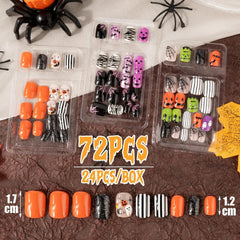 72 pcs Ongles d'Halloween Faux Ongles Autocollants Ongles Artificiels Courts Ongles Pressés Autocollants Citrouille Fantôme Ongles Artificiels Conseils Nail Art Orange Vert Noir