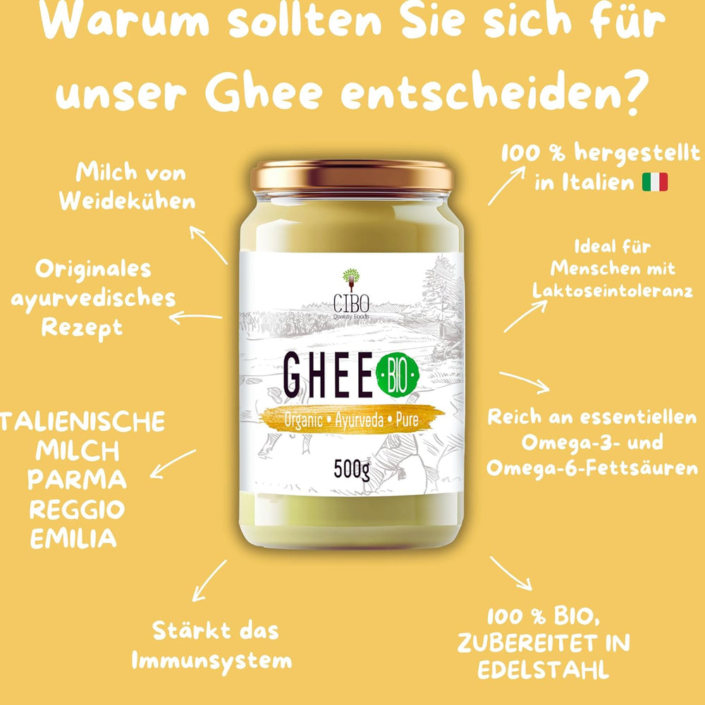Cibo Bio Ghee 500g – Milch aus Parma und Reggio Emilia – Hergestellt in Italien – Weidekühe – Rauchpunkt 250°C – Aus Centrifugensahne