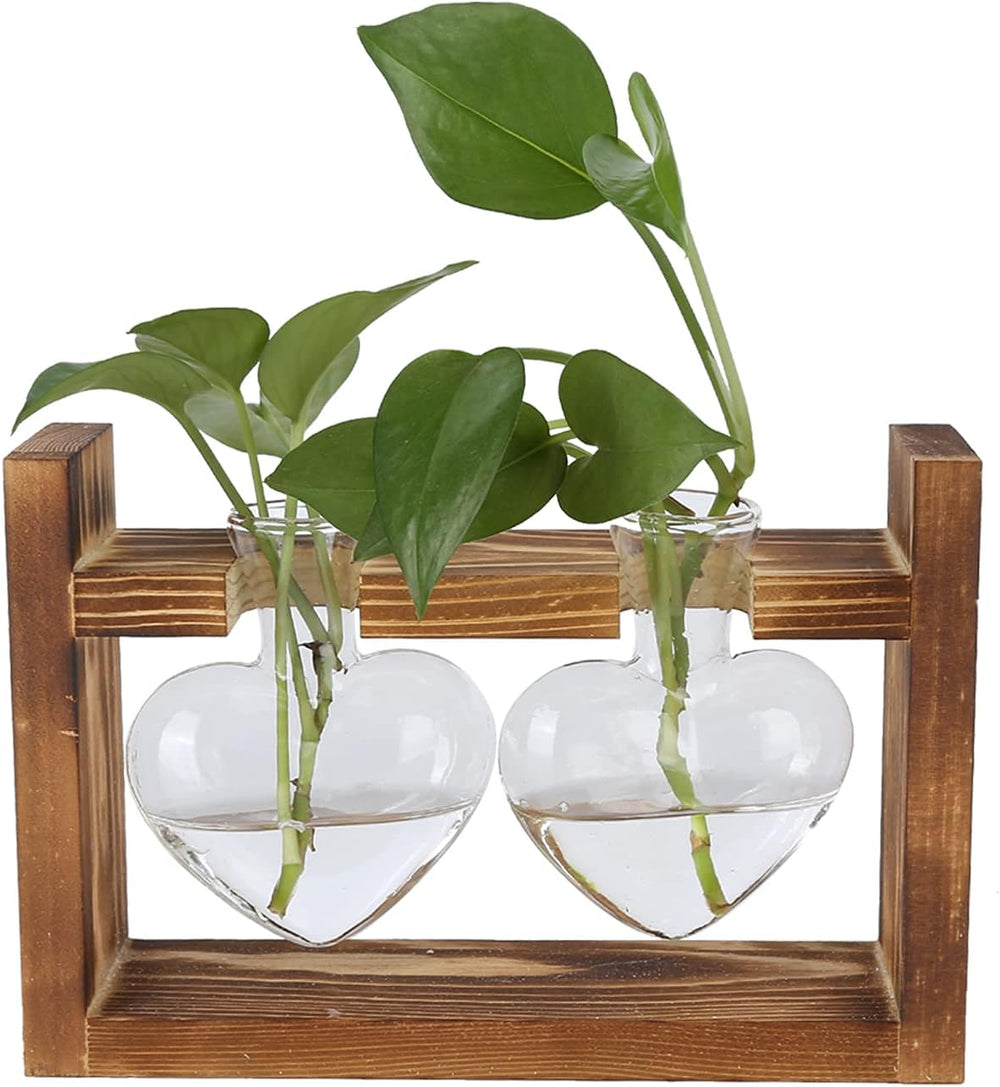 Terrarium de plantes sur support en bois, vase de table en forme de cœur, plantes hydroponiques en verre transparent pour la décoration de jardin de la maison, décoration florale hydroponique pour bureau, salon, cuisine (A)