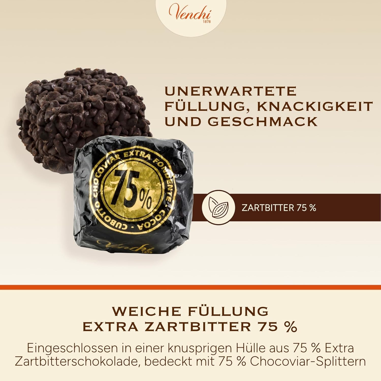 Venchi - Cubes Chocoviar 75% - Pralines fourrées "Cuor di Cacao", chocolat extra noir et granulés Chocoviar 75% - Emballage en vrac de 1 kg - Vegan - Sans gluten