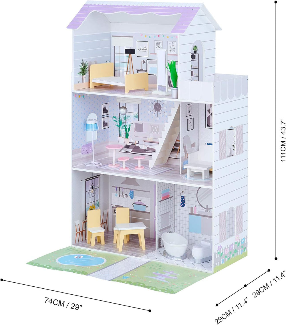 Teamson Kids Maison de poupée géante Olivias Little World avec 16 accessoires de poupée, maison de poupée en bois avec meubles, 3 étages, maison de poupée pour enfants pour poupées de 12 pouces/30 cm, à partir de 3 ans Naty Shop Doll Houses