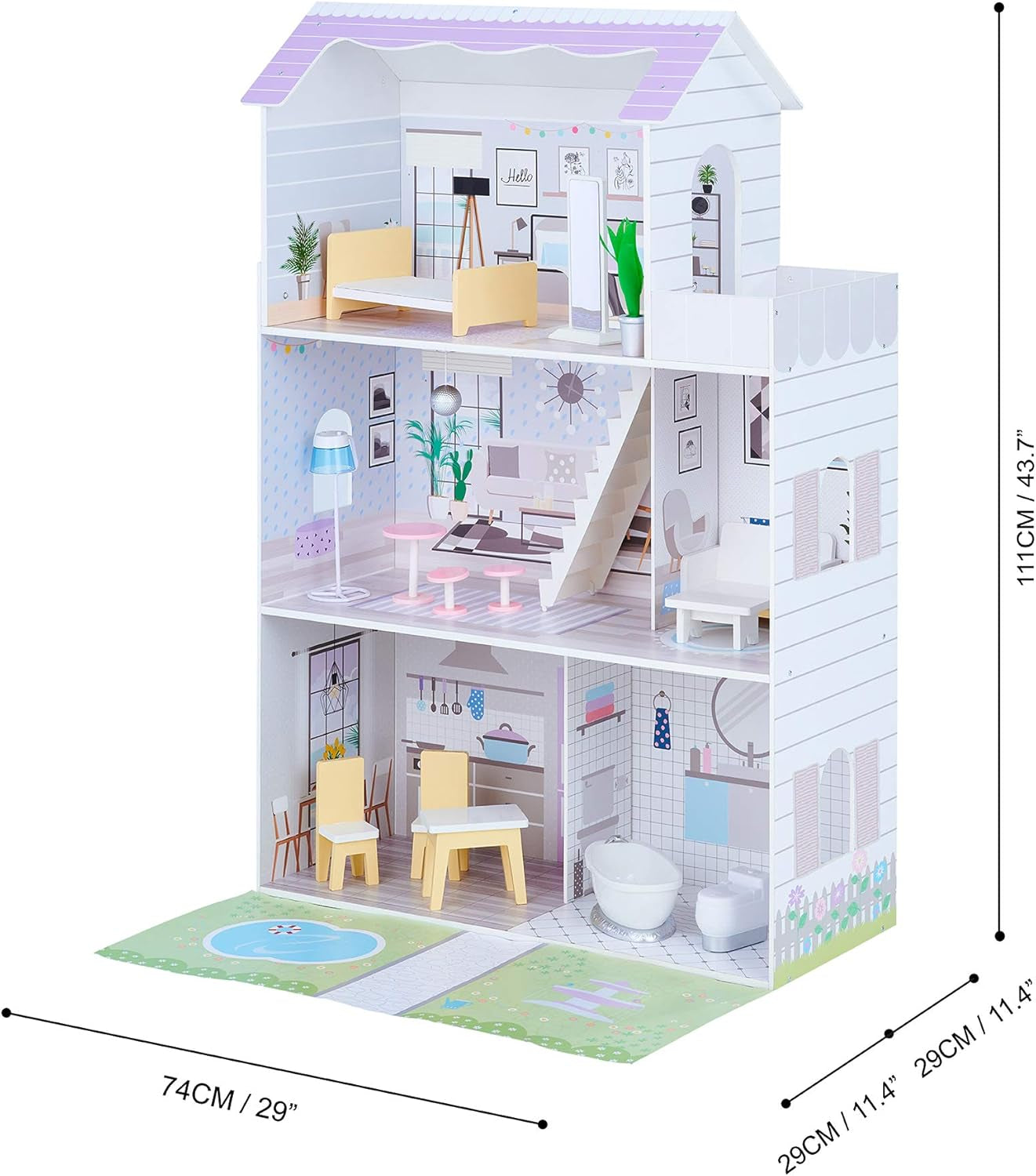 Teamson Kids Maison de poupée géante Olivia's Little World avec 16 accessoires de poupée, maison de poupée en bois avec meubles, 3 étages, maison de poupée 30 cm pour enfants, à partir de 3 ans