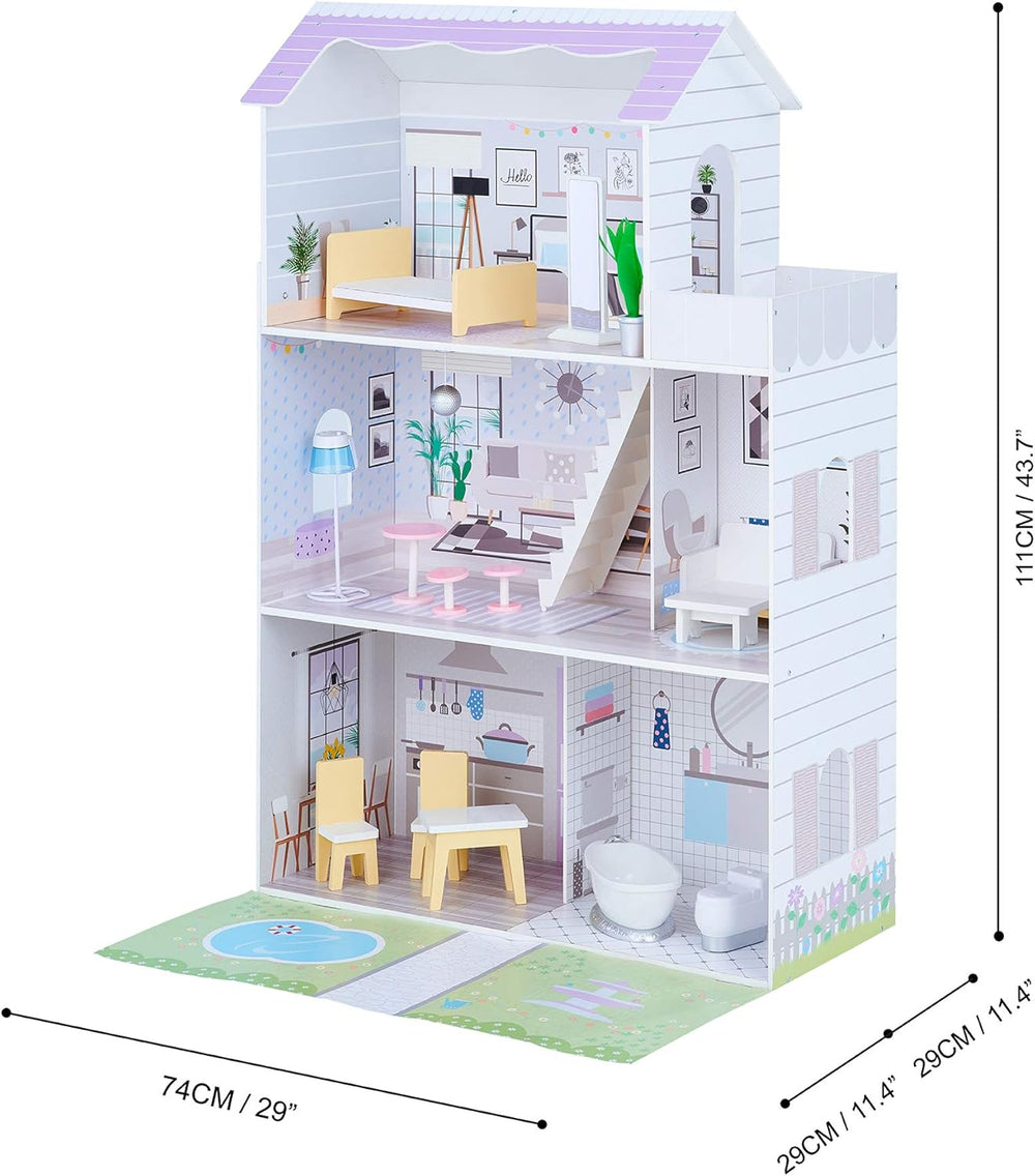 Teamson Kids Maison de poupée géante Olivia's Little World avec 16 accessoires de poupée, maison de poupée en bois avec meubles, 3 étages, maison de poupée 30 cm pour enfants, à partir de 3 ans