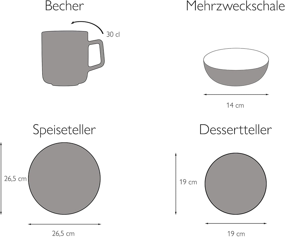 CreaTable, 22582, série SAMBA, service de table 16 pièces pour 4 personnes, service combiné en porcelaine, passe au lave-vaisselle et au micro-ondes, fabrication de qualité