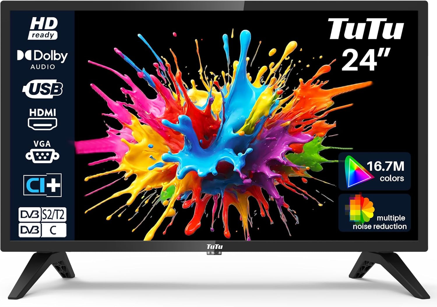 Televizor LED HD TuTu de 24 de inci (60 cm) cu tuner triplu (DVB-T/T2-CS/S2), player media USB, HDMI, VGA, CI/CI+, mod hotel (2024, 220 volți)