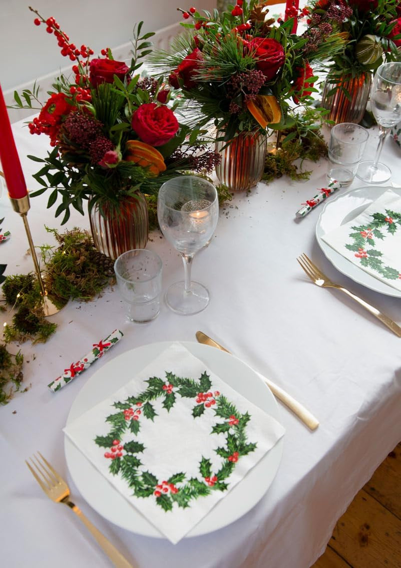 Talking Tables 20 serviettes en papier XL de Noël avec motif houx | Lingettes jetables de luxe | Réutilisable | Idéal pour Noël et les dîners | Haute qualité | 40cmX40cm