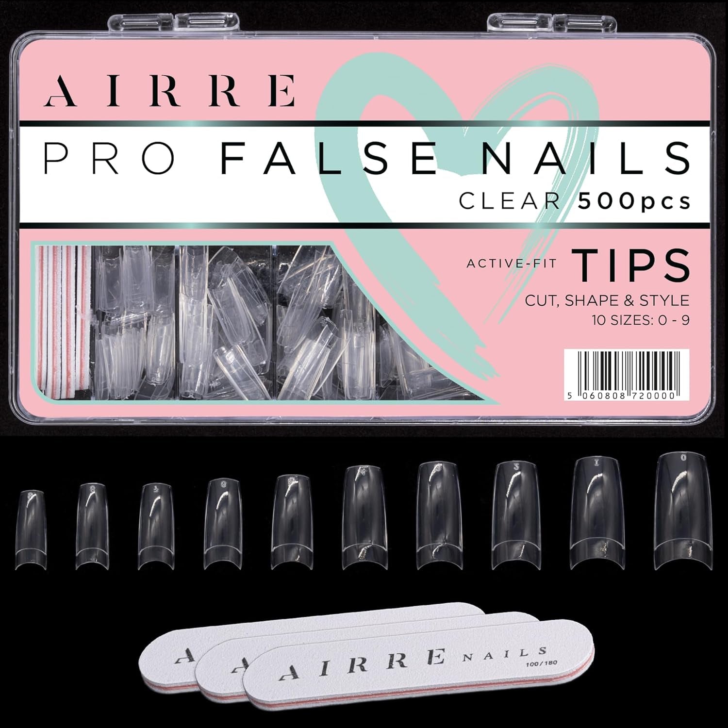 AIRRE 500 ongles en gel professionnels et 3 limes par boîte – (10 tailles) Faux ongles français demi-lune, usage salon et maison, coupe, limage et mise en forme, gel UV/LED, vernis à ongles et nail art (naturel)