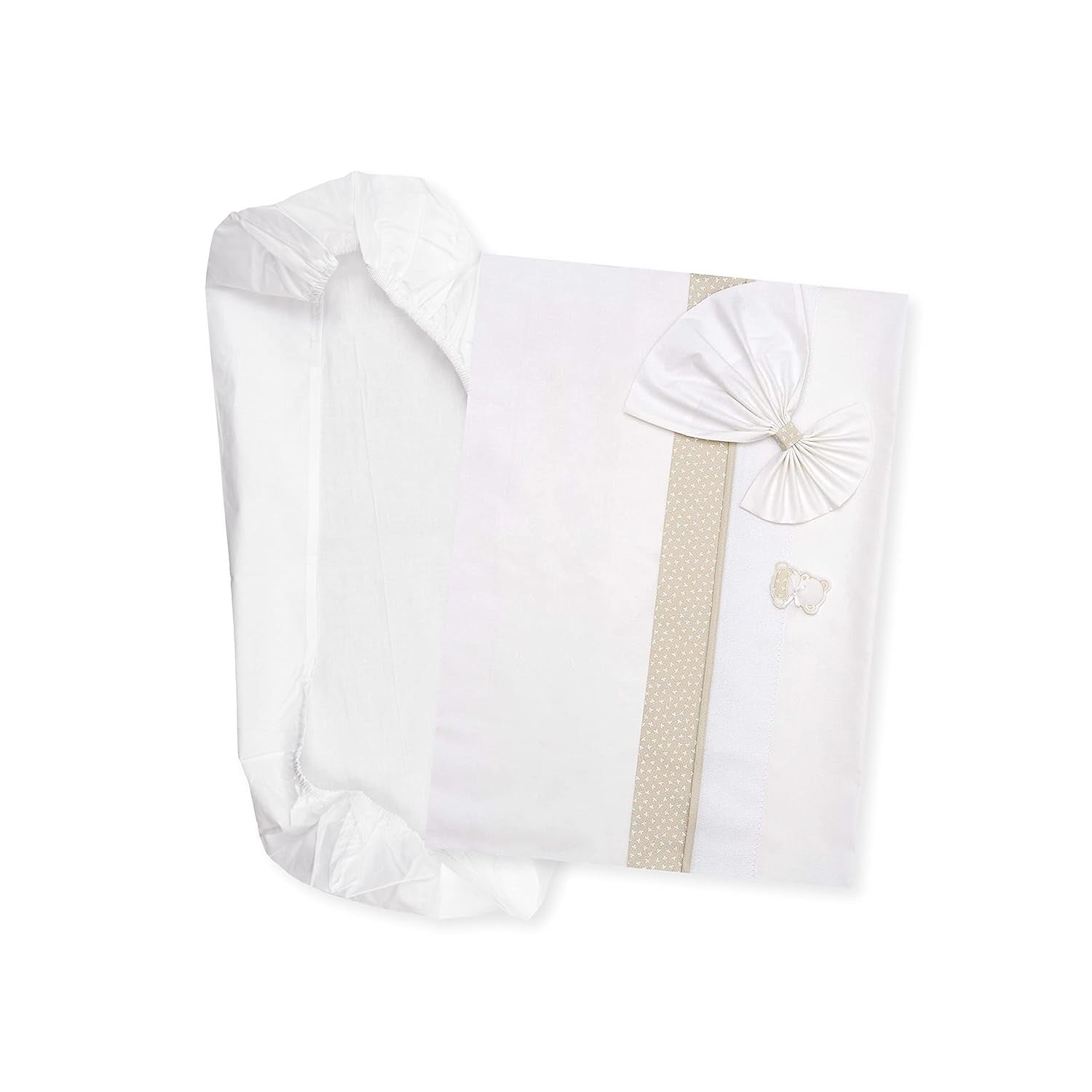 Parure de Lit Nacelle Blanc et Rose, 1 Drap-Housse, 1 Drap de Dessus avec Broderie en Ruban Aïda et 1 Taie d'Oreiller, 100% Coton, Fabriquée en Italie Naty Shop Couettes & Couettes Taupe