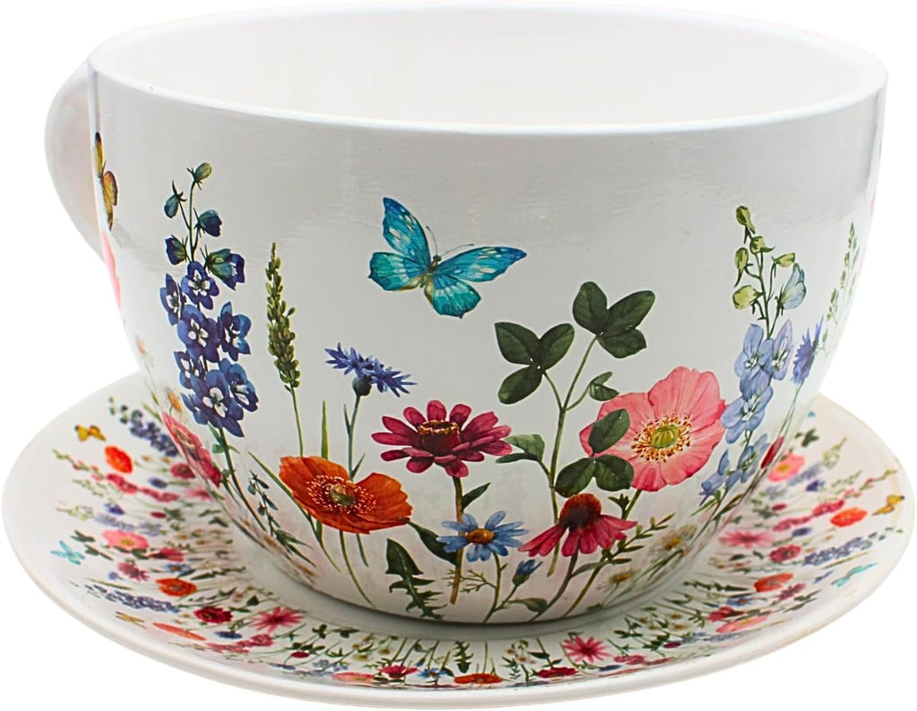 Ghiveci de flori Dekohelden24, jardinieră, ghiveci pentru plante, recipient pentru plante, ghiveci de flori. Ghiveci ceramic în formă de cupă cu mâner, design: lavandă, L/l/Î 25 x 23 x 14 cm.