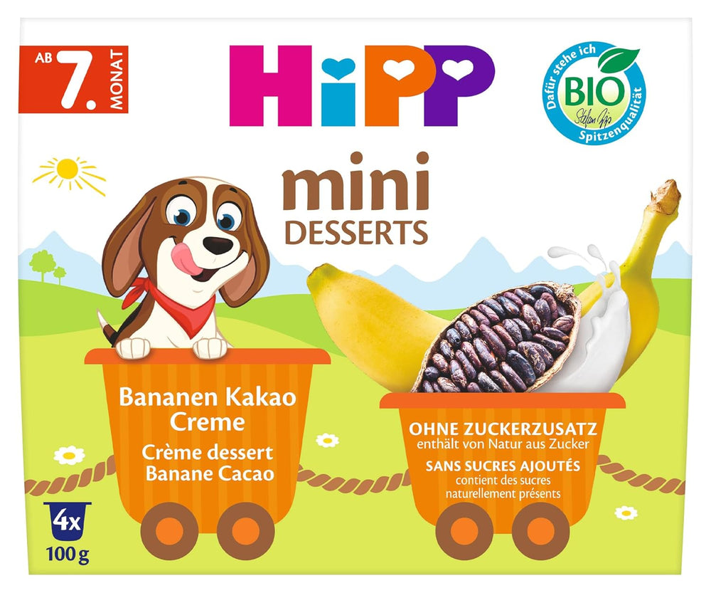HiPP Mini Dessert Crème Banane et Cacao Bio (pack de 6 x 4 x 100g), dès 7 mois, dans des gobelets pratiques, sans sucre ajouté, de la meilleure qualité biologique