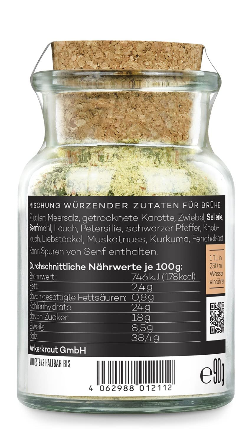 Ankerkraut Gemüsebrühe, ohne Gemsckverstärker, ohne Zucker, 90g dans un verre en liège, Mischung würzender Ingredient für Brühe