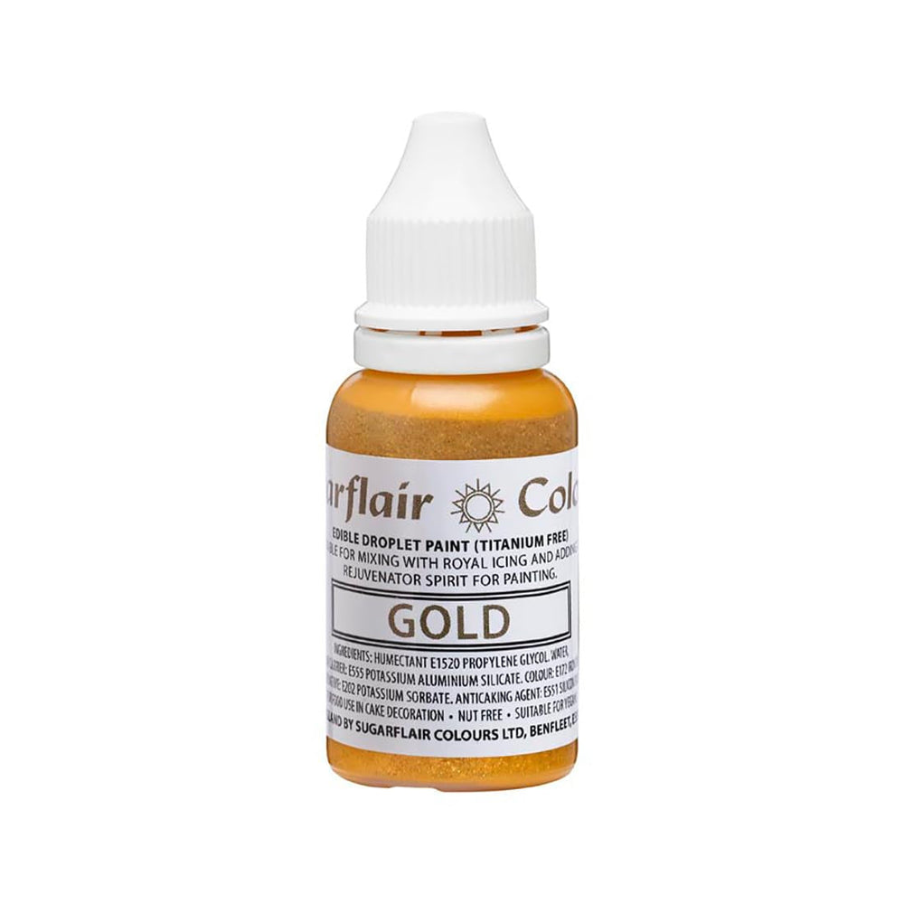 Sugarflair Edible Drop Paint Liquid Gold - Colorant alimentaire pour pâte à sucre, crème au beurre - Peut être utilisé avec un aérographe - 14ml