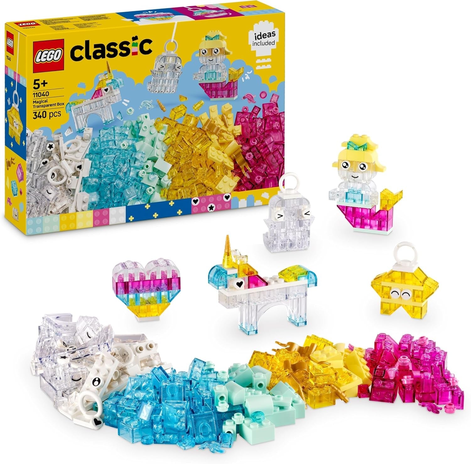 LEGO Classic Zauberbox mit durchsichtigen Steinen - Farbenfrohe Bausteine und Aufhängersteine - Einhorn, Drache, Pinguin und weitere Figuren - Bastelset für Mädchen & Jungen ab 5 Jahren 11040