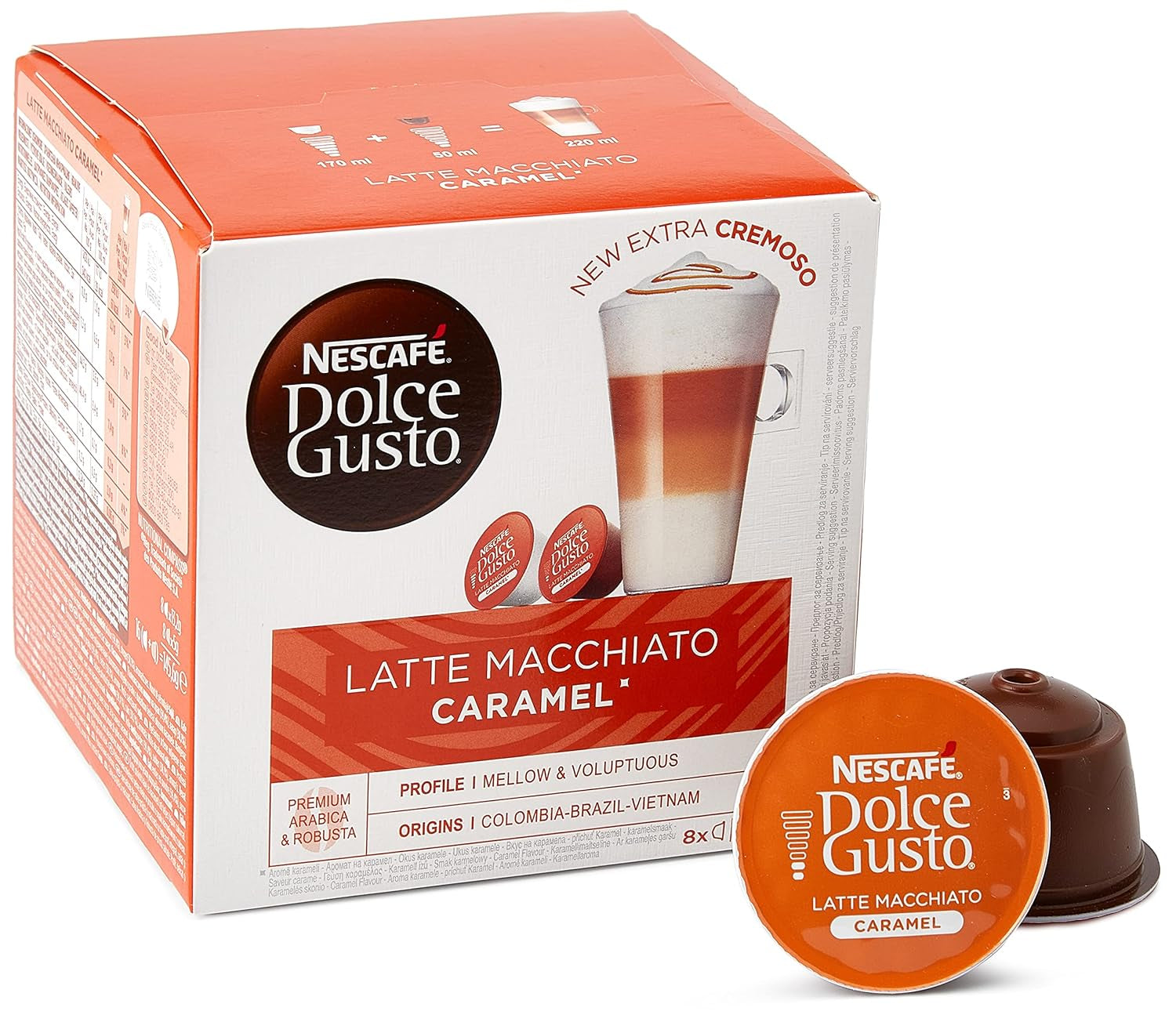 Latté Macchiato | 96 Capsules de café et Latte Macchiato Caramel | 48 Capsules de café | Mélange Arabica Robusta | Feines Caramell Aroma et leckerer Milchschaum