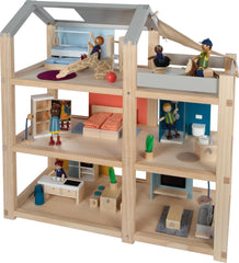 Small Foot Maison de poupée en bois de couleur naturelle – Toit-terrasse à 3 niveaux et ensemble de meubles de 51 pièces encourage le jeu créatif, convient aux enfants de 3 ans et plus, 12541