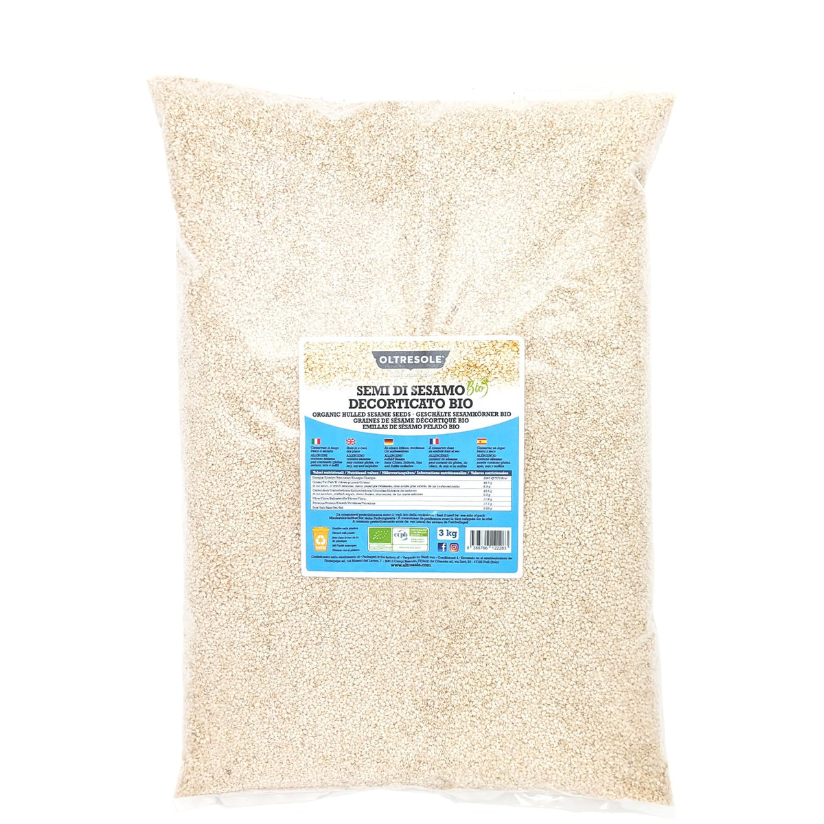 Graines de sésame biologiques 3 kg, graines oléagineuses biologiques crues, sésame blanc, décortiquées naturellement, non torréfiées, source de calcium et de fer, emballage économique