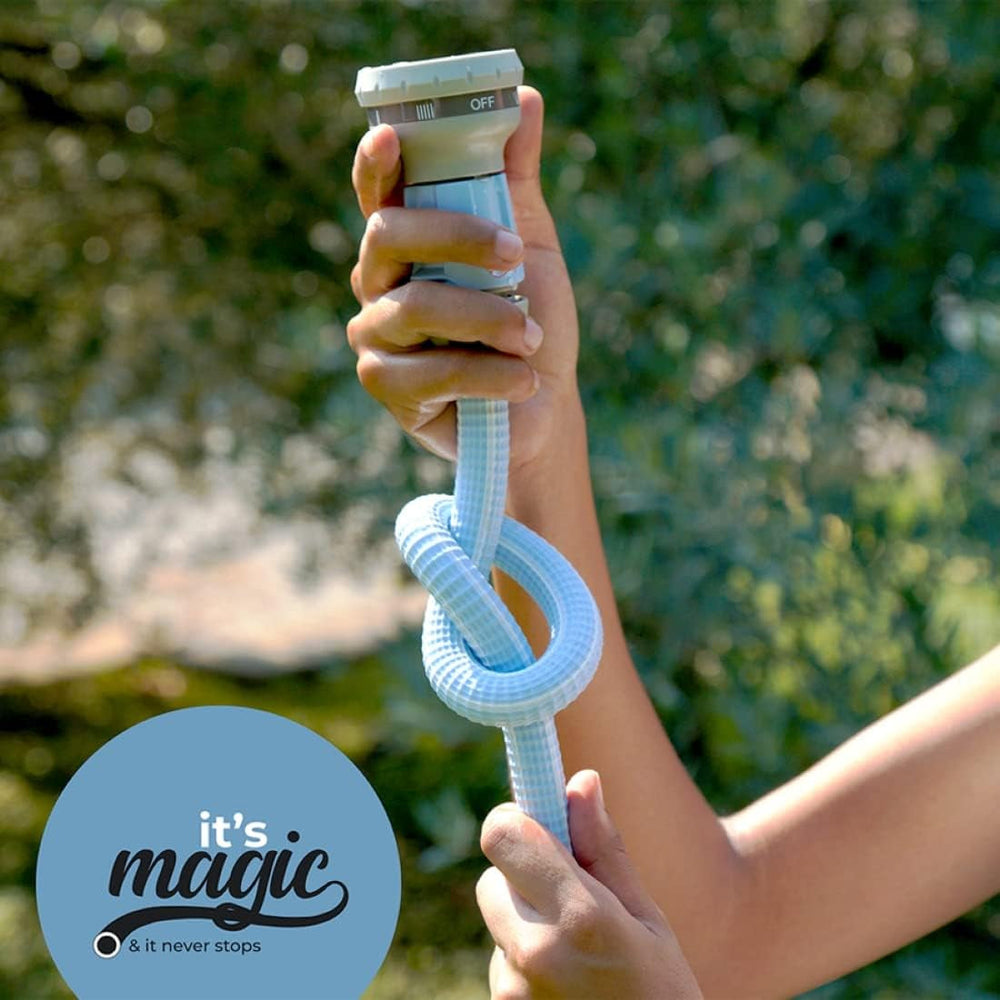 Furtun de grădină Magic Blue, extensibil, de 10 metri, rezistent la noduri și răsucire, cu sac și duză de pulverizare