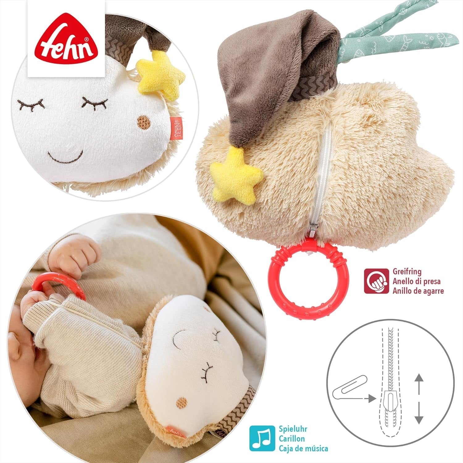 Fehn music box baby sleep aid cloud - jucărie de pluș cu melodie blândă de ajutor pentru somn "Schlaf Kindlein schlaf" - jucărie pentru copii pentru mers și acasă - jucărie muzicală pentru bebeluși și copii mici Jucarii Bebe Naty Shop