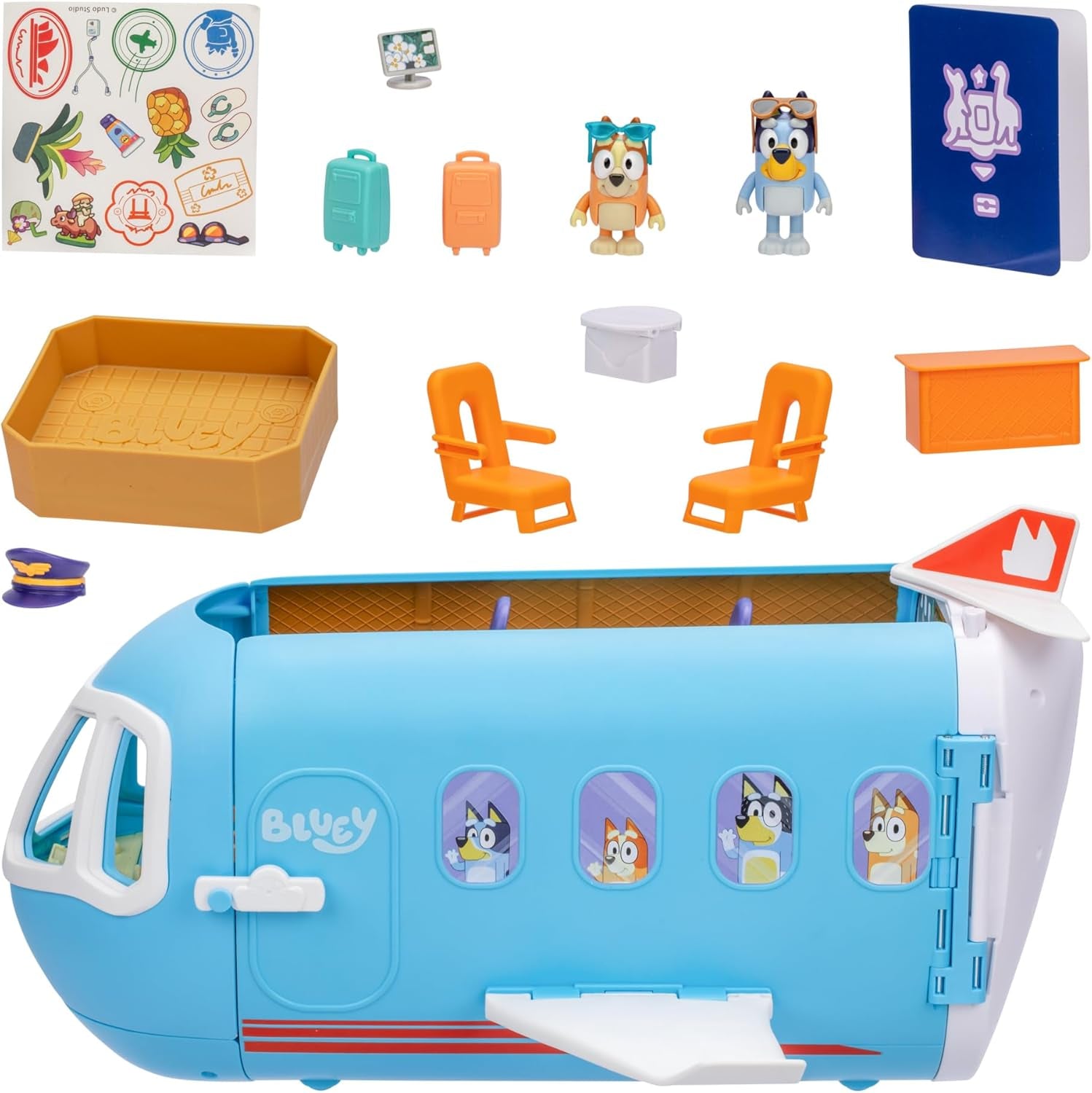 BlueY 3-in-1 Flugzeug-Spielset zum Ausklappen; Verwandlung von Flugzeug in Hotelresort & Boot! 70 cm breites Urlaubsresort-Spielset; 25+ Geräusche; 15 Spielzeugteile; 2 Exklusive Figuren Bingo