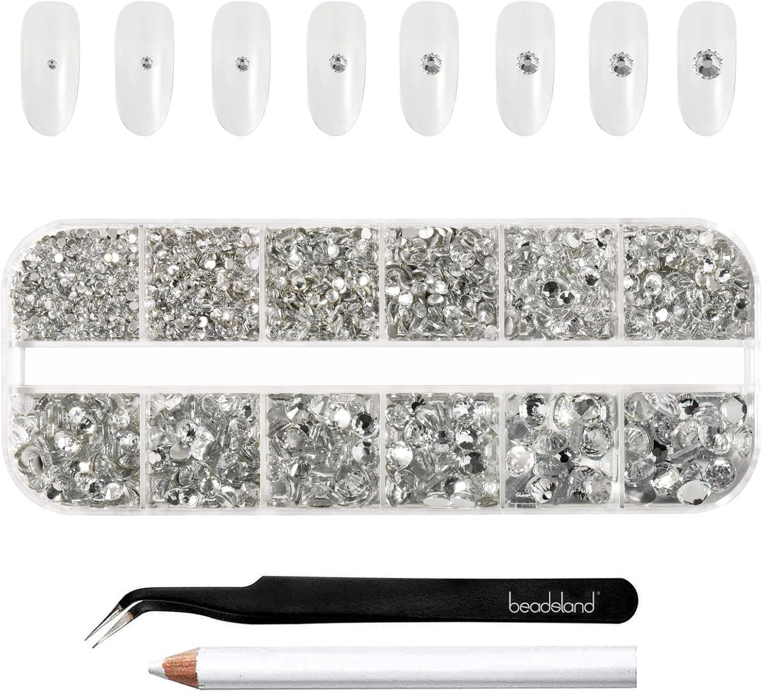 Beadland 2500Pcs Verre Nailart Strasssteine ​​​​Kristall Flatback Edelsteine ​​​​Runde, ​​​​pour Handwerk Gemischt 8 Größen SS4 ~ SS30 Mit Picking Pinzette Und Stift (Kristall Weiss)