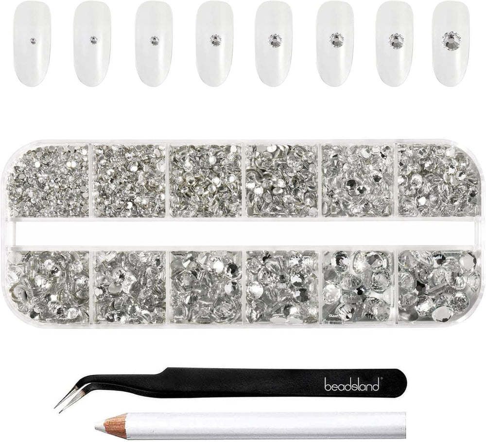 Beadland 2500Pcs Verre Nailart Strasssteine ​​​​Kristall Flatback Edelsteine ​​​​Runde, ​​​​pour Handwerk Gemischt 8 Größen SS4 ~ SS30 Mit Picking Pinzette Und Stift (Kristall Weiss)