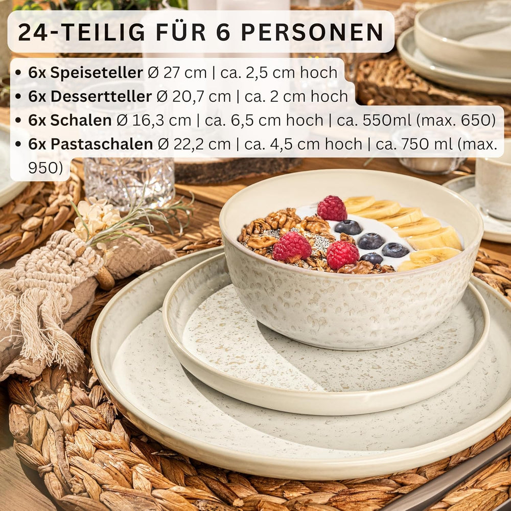 SÄNGER Key West | Service de table en grès 24 pièces pour 6 personnes, 6 assiettes à dîner, bols à céréales, assiettes à dessert, bols à pâtes, vaisselle à la crème avec texture sable | LA COLLECTION VALEUR
