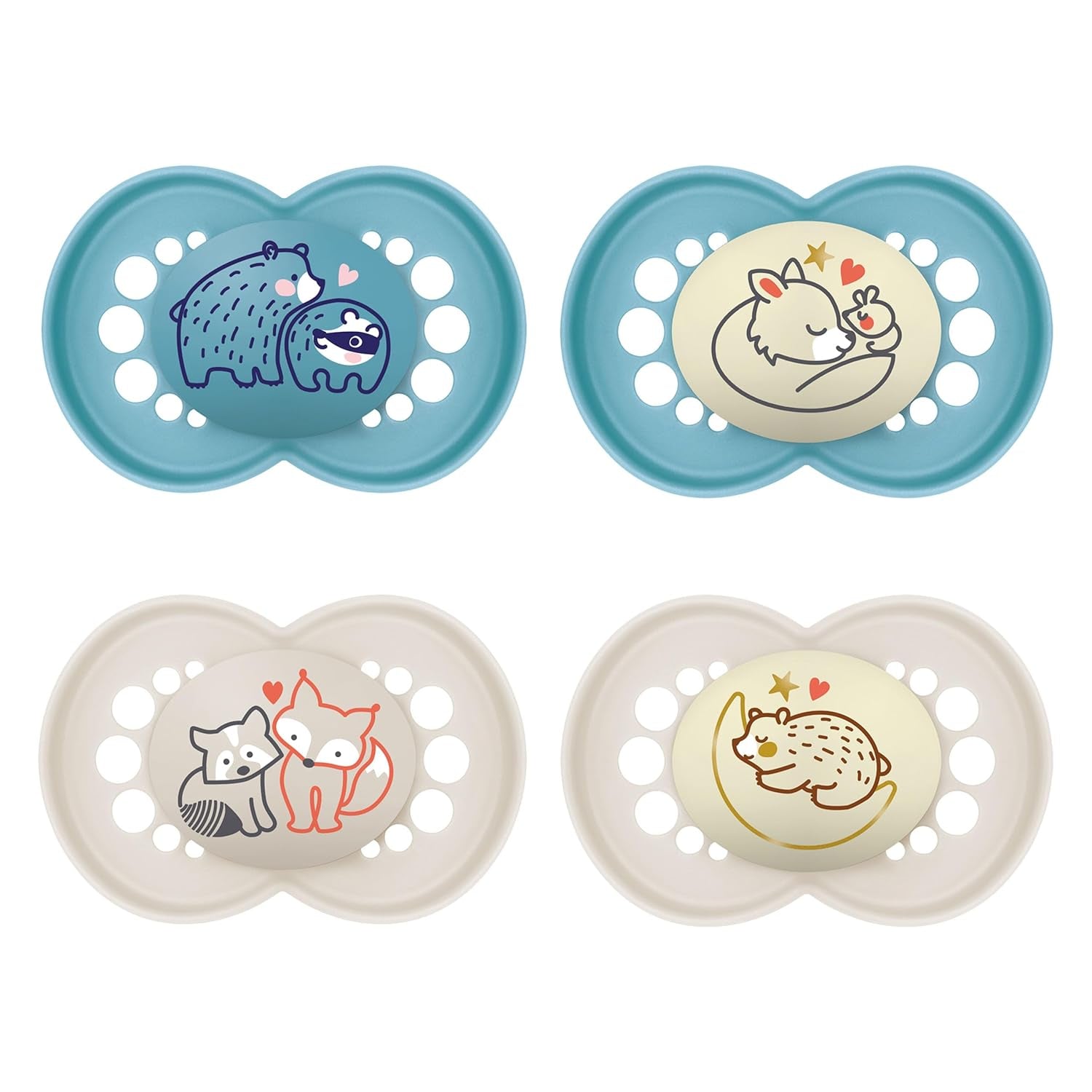 Sucettes MAM Original Day & Night Matt | 6-16 mois | Ensemble de sucettes | Acceptation 94% | Aide à prévenir l'alignement indésirable des dents | Développé en collaboration avec des dentistes | Silicone SkinSoft | Ours/Renard | Paquet de 4