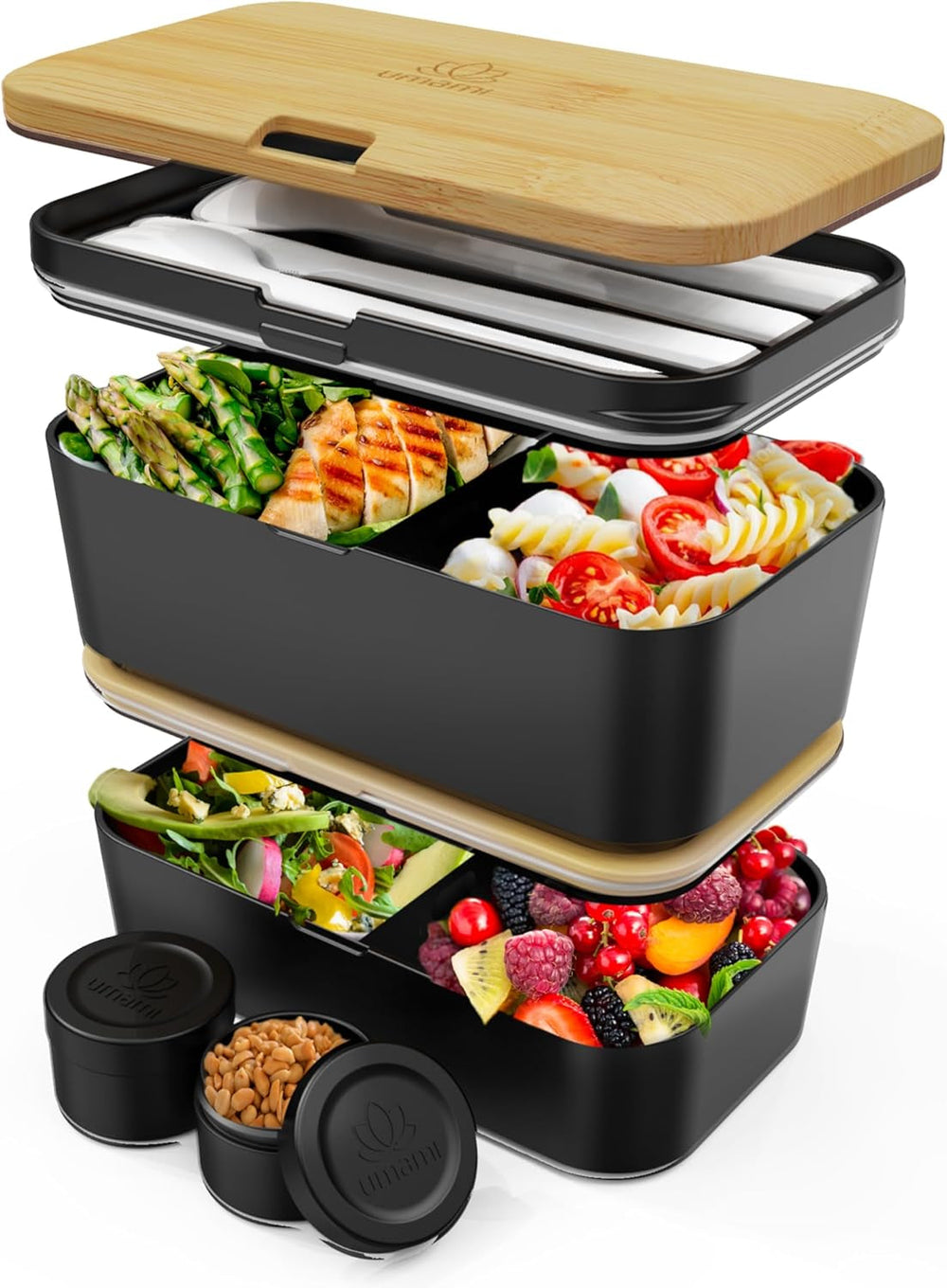 Umami Boîte à déjeuner pour adultes, boîte à bento empilable étanche avec 4 couverts et compartiments, boîte à déjeuner adulte, récipient à salade à emporter, boîte à déjeuner pique-nique/bureau, gris anthracite, 1500 ml