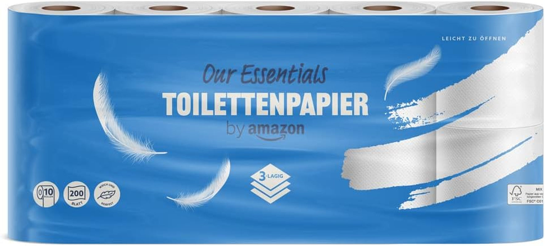 Par Amazon Papier toilette, 3 couches, 10 rouleaux (10 rouleaux, 1 paquet) 200 feuilles par rouleau, certifié Fsc