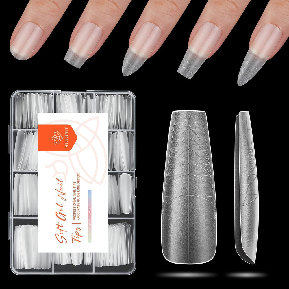 Modelones Nail Tips 216 pièces – Ensemble de pointes d'ongles à couverture complète, ensemble de pointes en gel souple, pointes d'ongles en résine PMMA pré-polissage, colle DIY sur ongles artificiels Nail Art, amandes courtes XS