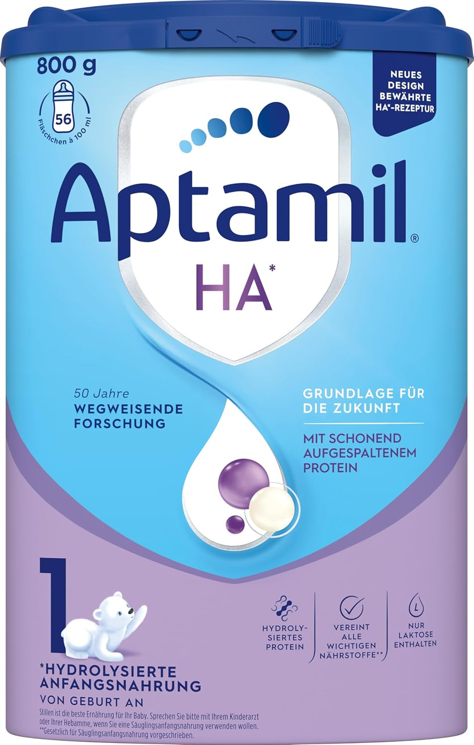 Aptamil HA 1 - Préparation pour nourrissons dès la naissance, avec DHA, sans lactose, sans huile de palme, nourriture pour bébé, lait en poudre, 1 x 800 g