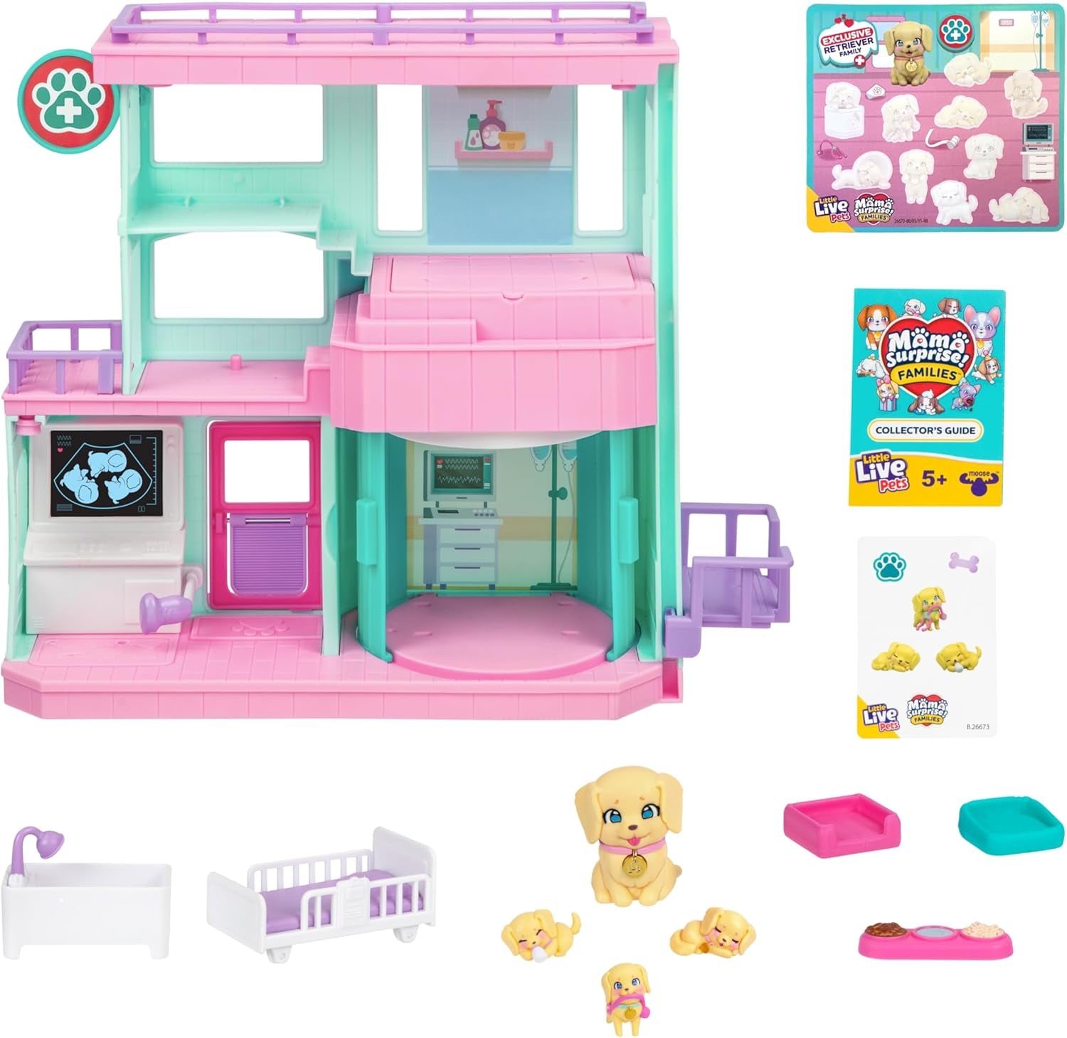 Little Live Pets Mama Surprise Families Baby Clinic Playset, 3 cățeluși Retriever incluși, Magic, Playset cu două fețe (27,8 cm lățime, 23,8 cm înălțime). Hrănire, îmbăiere și joacă, cadou pentru copii Action figures Naty Shop