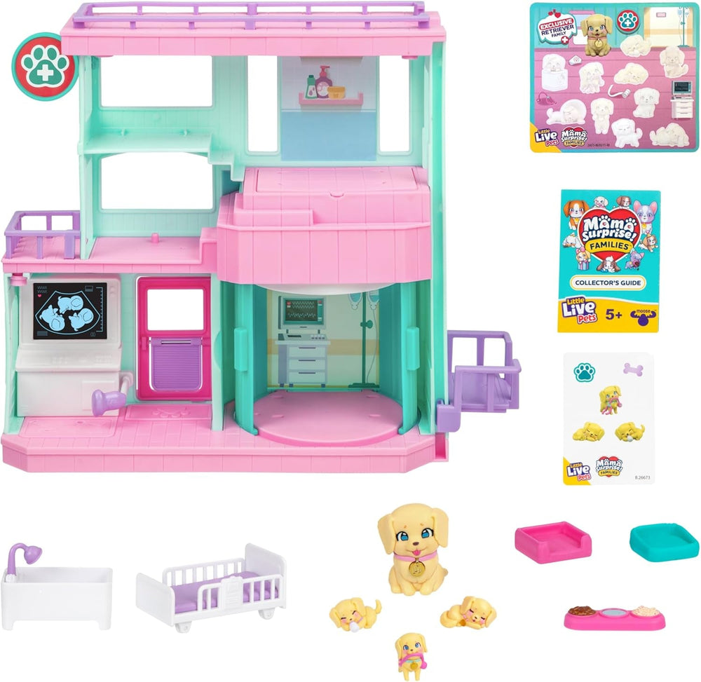 Ensemble de jeu Little Live Pets Mama Surprise Families Baby Clinic, 3 chiots Retriever inclus, ensemble de jeu magique double face (27,8 cm de largeur, 23,8 cm de hauteur). Nourrir, se baigner et jouer, cadeau pour enfants Figurines Naty Shop