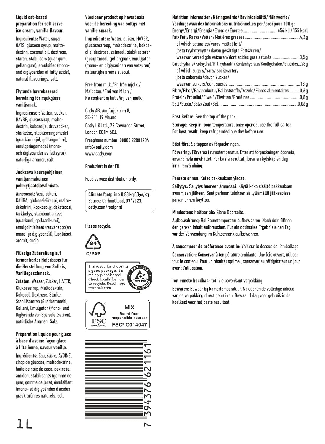 Oatly Soft Serve Mix pour la production de glace molle à base de plantes dans la machine à glace 1L, (6er-Pack)