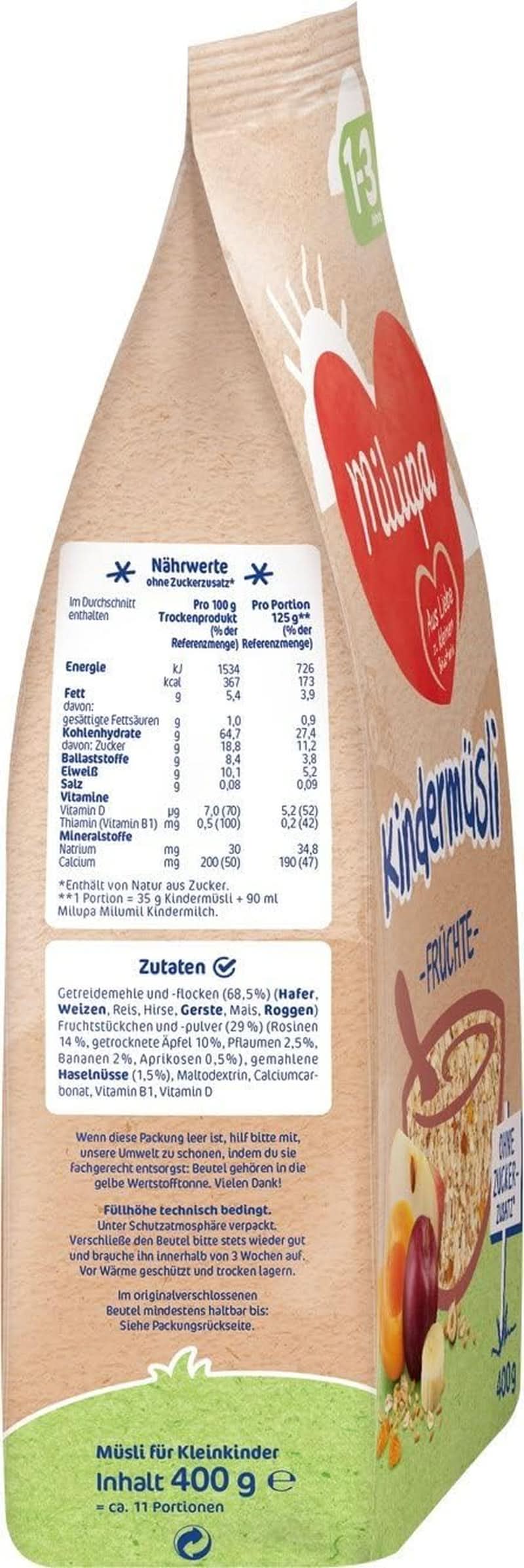 Milupa enfants muesli fruits fins - muesli céréales petit déjeuner de 1 à 3 ans, sans sucre ajouté, 4 x 400g Mère et Enfant Naty Shop